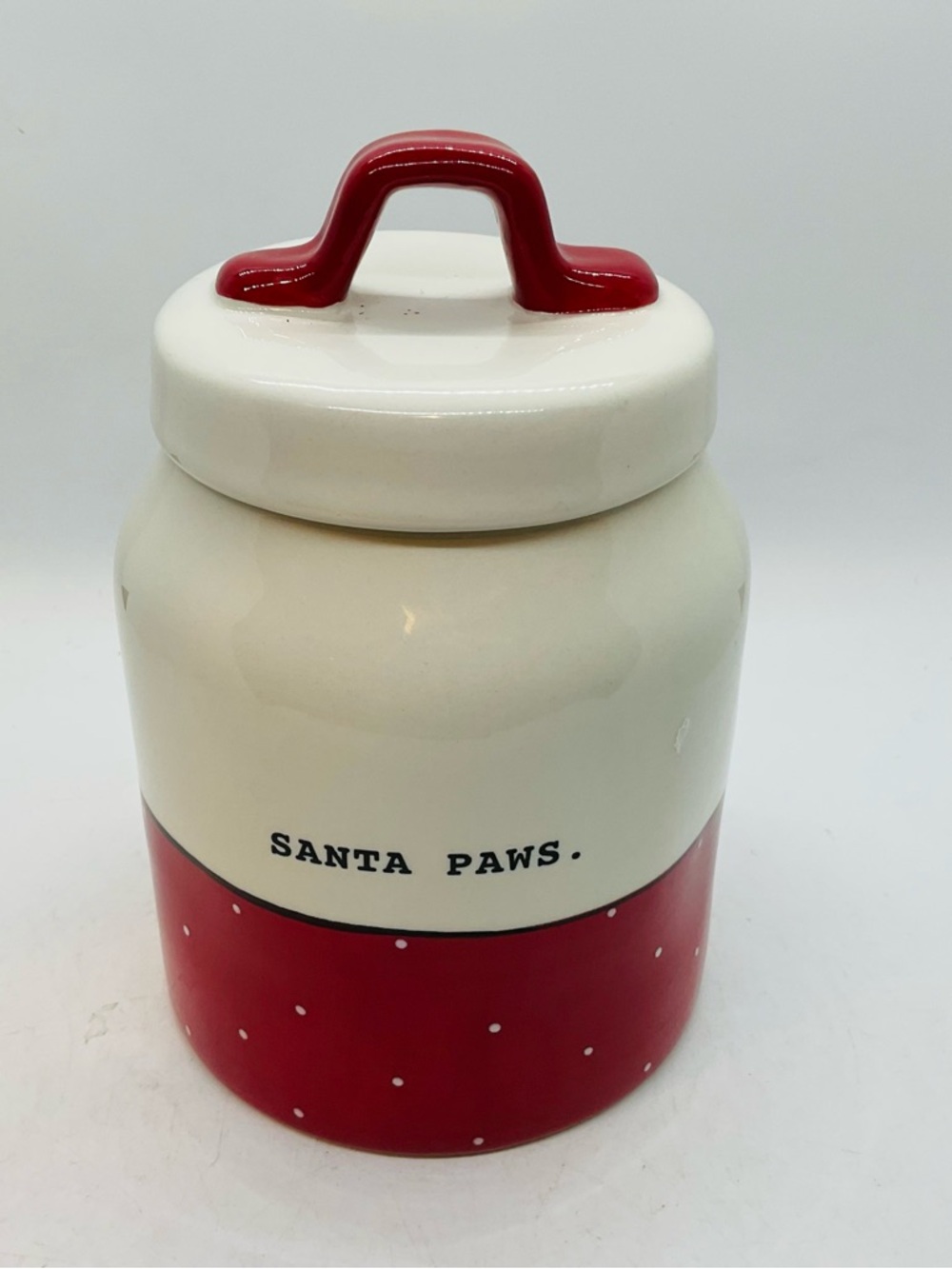 Rae Dunn Santa Paws Canister, White Red Band & White Polka Dots 5.5” Tall